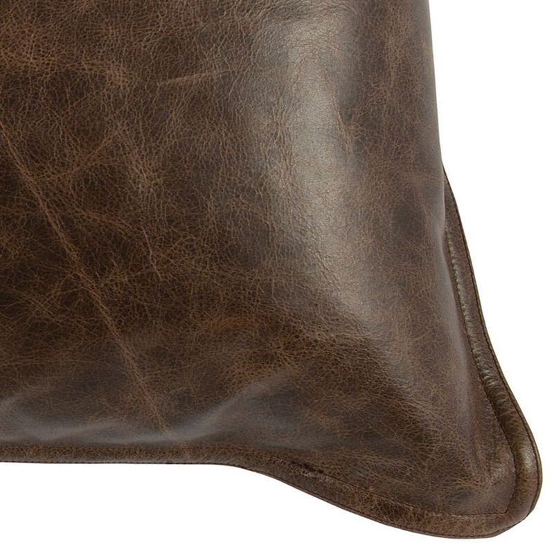 Leatherette Throw Pillow with Stitched Details and Flanged Edges,Dark Brown-Benzara