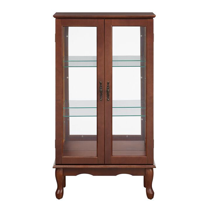 Curio Cabinet Lighted Curio Diapaly Cabinet with Adjustable Shelves and Mirrored Back Panel, Tempered Glass Doors (Walnut, 3 Tier), (E26 light bulb not included)