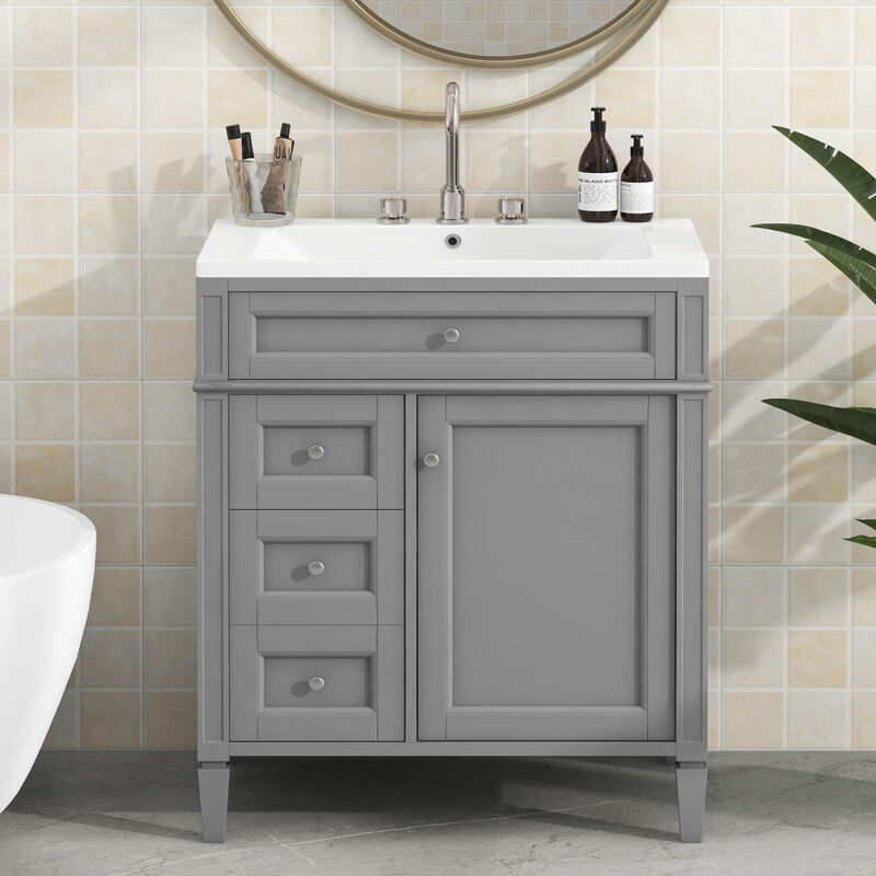 30" Bathroom Vanity with Top Sink, Modern Bathroom Storage Cabinet with 2 Drawers and a Tip-out Drawer, Single Sink Bathroom Vanity
