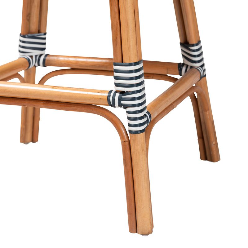 bali & pari Genica Classic French Two Tone Navy and White Weaving and Natural Rattan Bar Stool