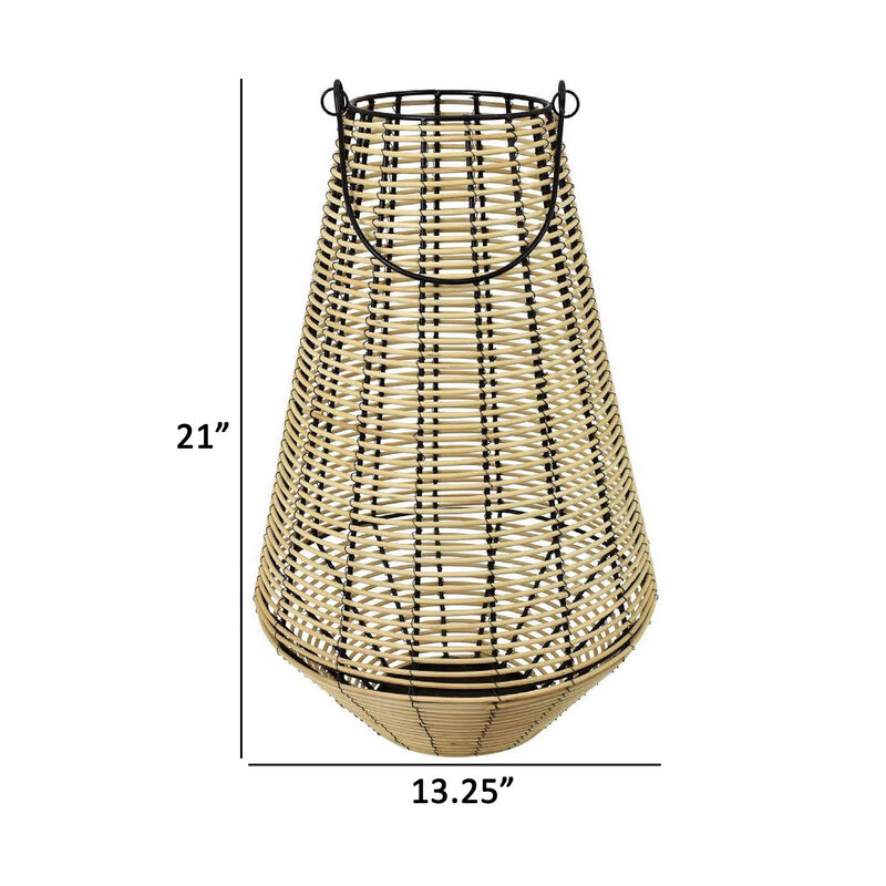 21 Inch Decorative Lantern, Fiber Cage Design with Black Metal Frame - Benzara