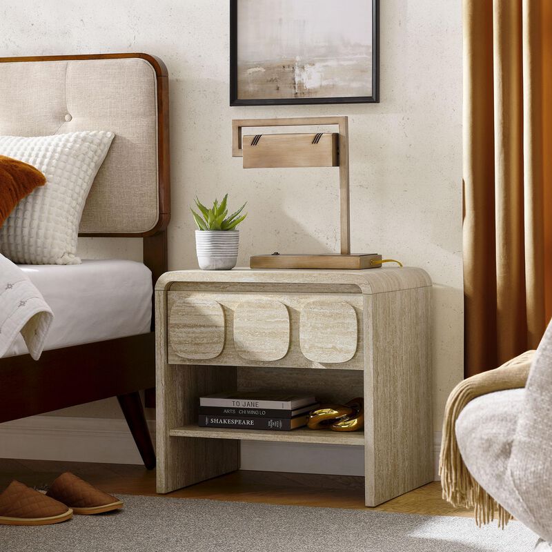 Modway Toscana 1-Drawer Nightstand in Travertine - Rounded Curved-Top Nightstand with Circular Pattern Drawer - Modern Side or End Table for Living Room with Storage Drawer and Shelf image number 1