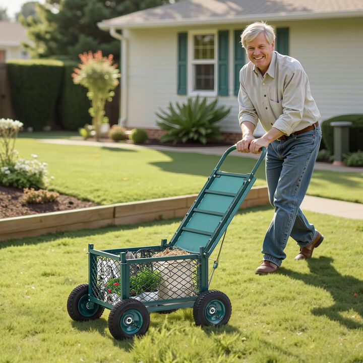 Metal Garden Work Seat with Wheels, Rolling Outdoor Cart for Lawn and Patio