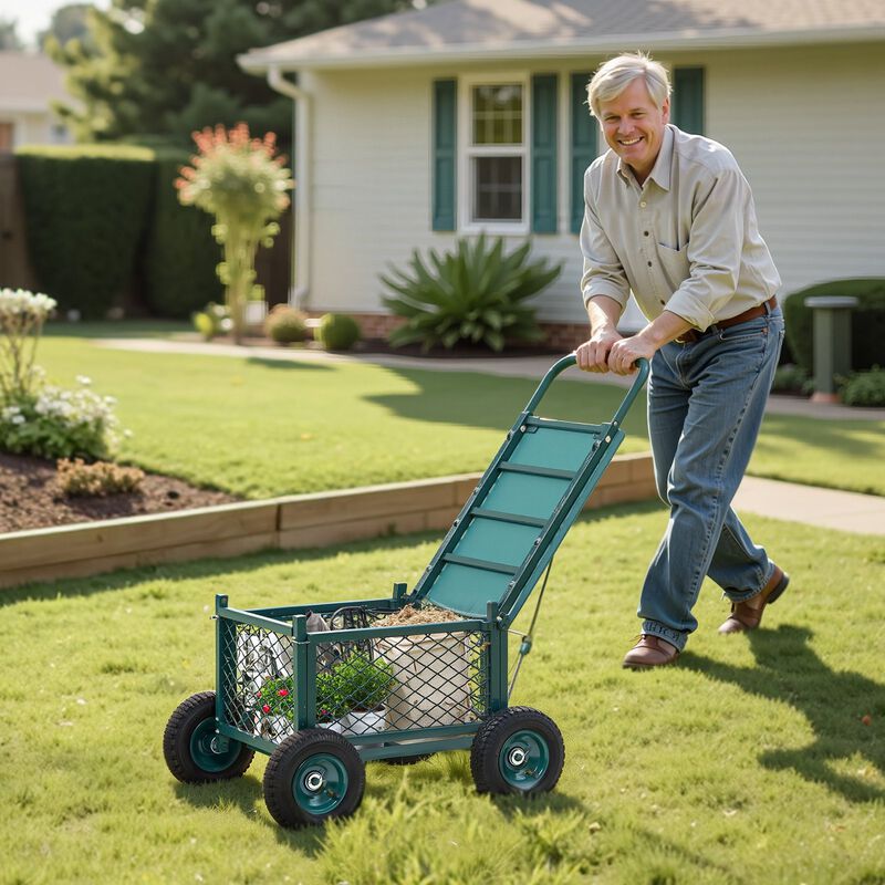 Metal Garden Work Seat with Wheels, Rolling Outdoor Cart for Lawn and Patio image number 1