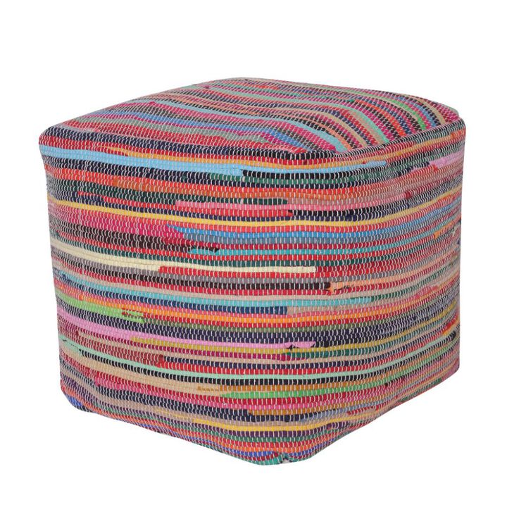 Hivvago 18 Inch Red And Black Cotton Cube Striped Pouf Ottoman