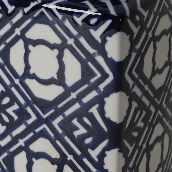 10 Inch Lidded Jar, Porcelain Construction, Deep Blue Graphic Trellis-Benzara