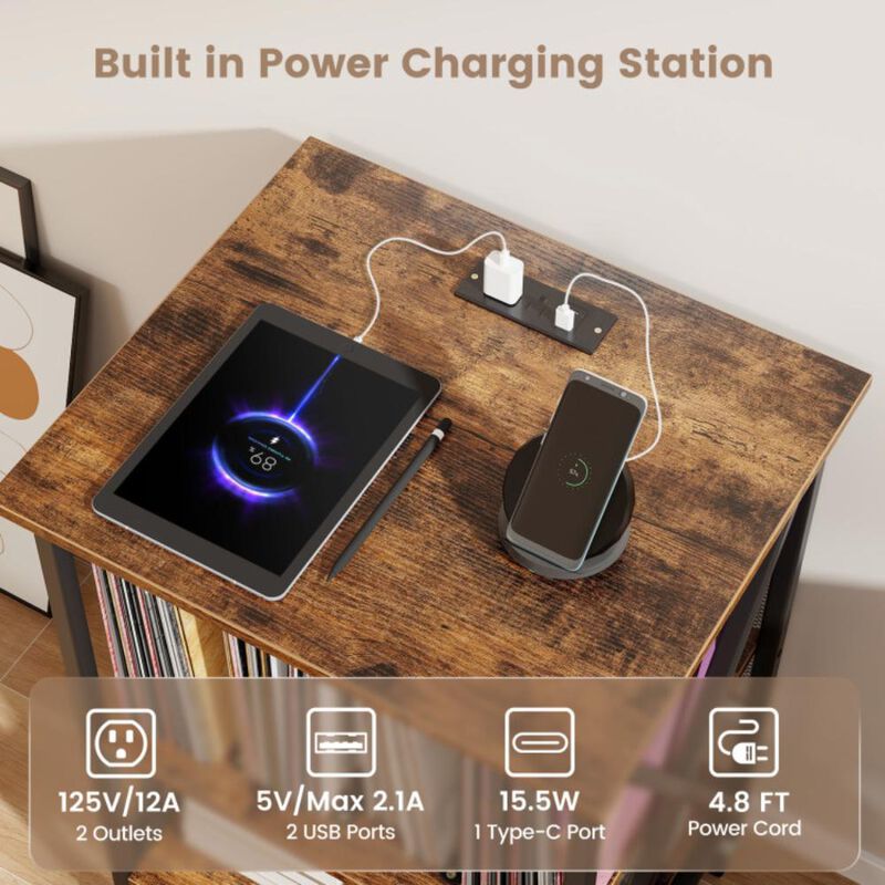 Hivvago Mid-Century Record Player Stand with Built-in Charging Station