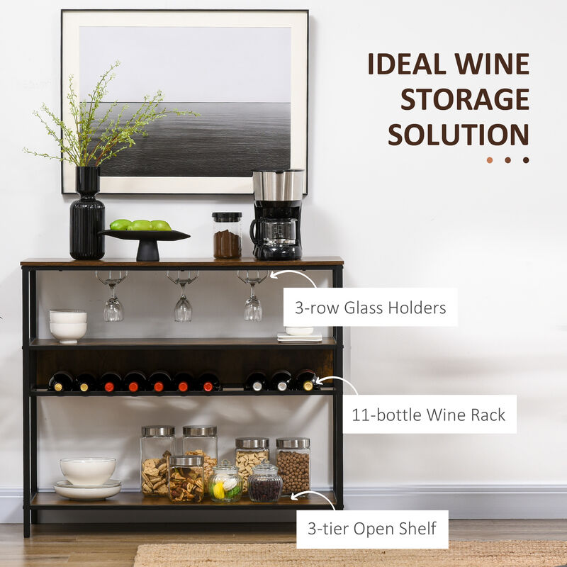 Industrial Wine Rack, 11-bottle Wine Shelf with Glass Holders, Dark Brown