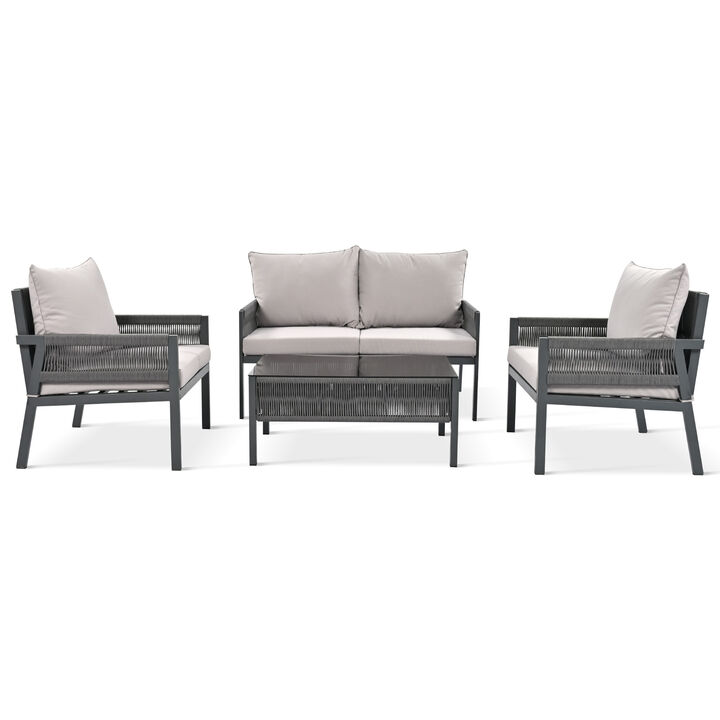 Merax 4-Piece Rope Outdoor Conversation Set with Sofa Table
