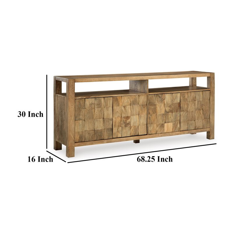 Hugh Sideboard Cabinet Console, Butcher Block Natural Brown 68 Inch - Benzara
