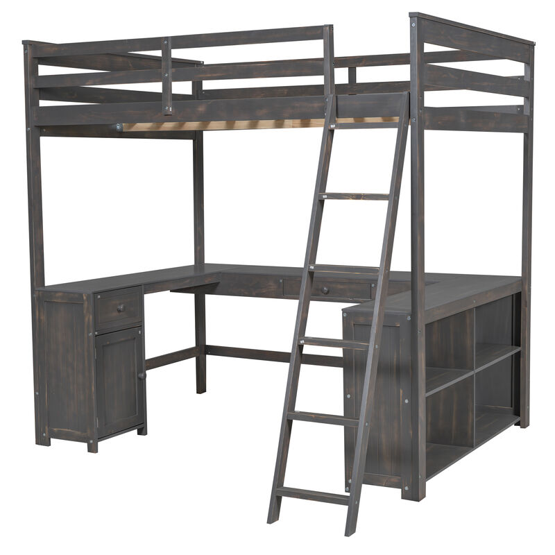 Whisen Elegant Design Full Size Loft Bed with Desk, Drawers and Storage Shelves