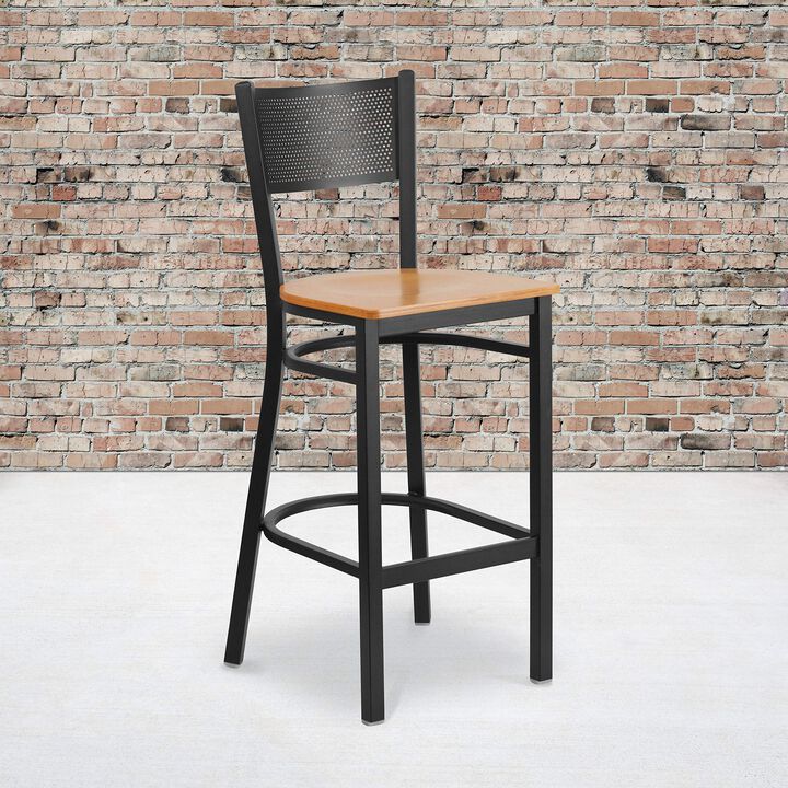 Flash Furniture HERCULES Series Black Grid Back Metal Restaurant Barstool - Natural Wood Seat