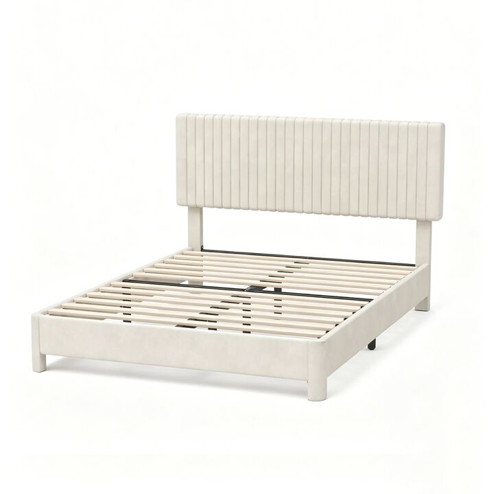 Vipbear Beige Velvet Upholstered Platform Bed Frame with Headboard, Wood Slat Support, Easy Assembly