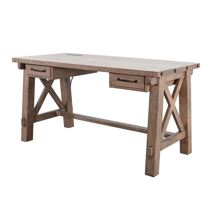 Anva Writing Desk, 58 Inch with Power Plug, Natural Brown Solid Mahogany