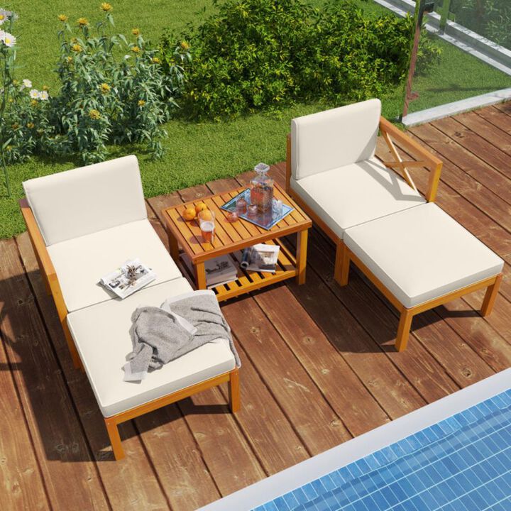 Hivvago 5 Pieces Acacia Wood Patio Lounge Chair Set with Ottomans and Cushions