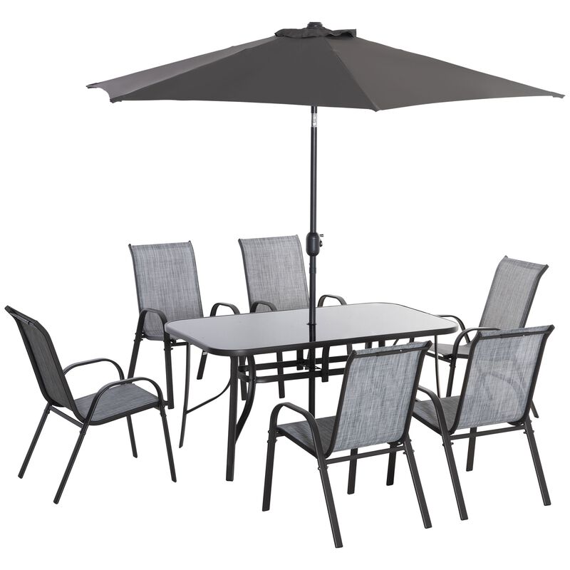 8 Piece Patio Dining Set with Table Umbrella, 6 Chairs and Rectangle Dining Table, Outdoor Patio Furniture Set, Grey