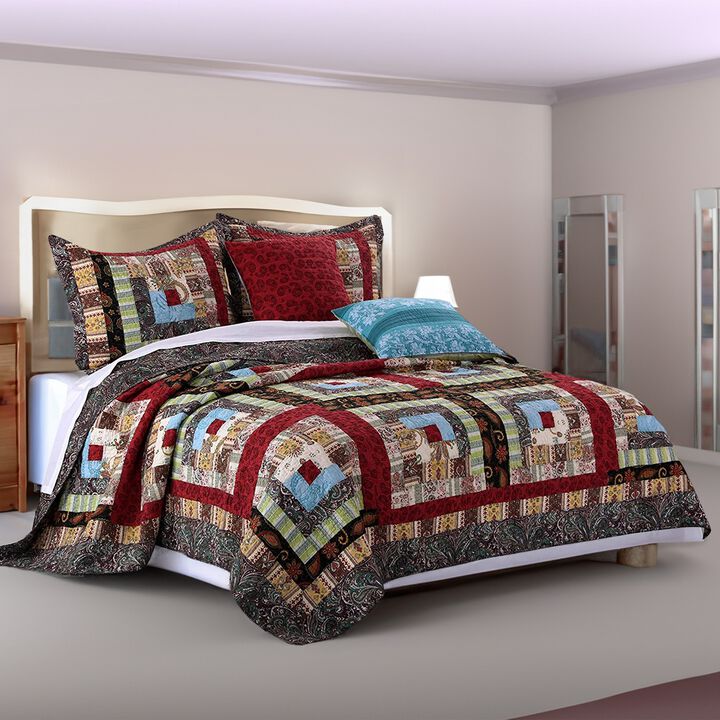 Thames 3 Piece King Size Cotton Quilt Set with Log Cabin Pattern, Multicolor - Benzara