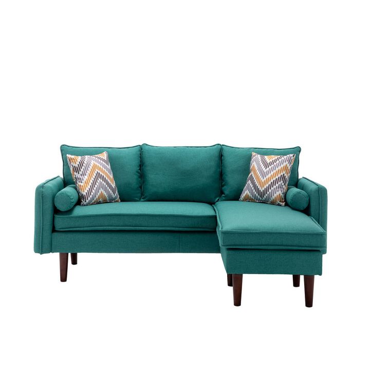 Ranon 70 Inch Sectional Chaise Sofa, Pillows, USB Ports, Side Pockets, Teal