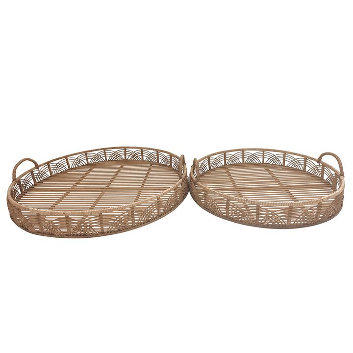 Round Shaped Bamboo Tray with Curved Handle, Set of 2, Brown - Benzara