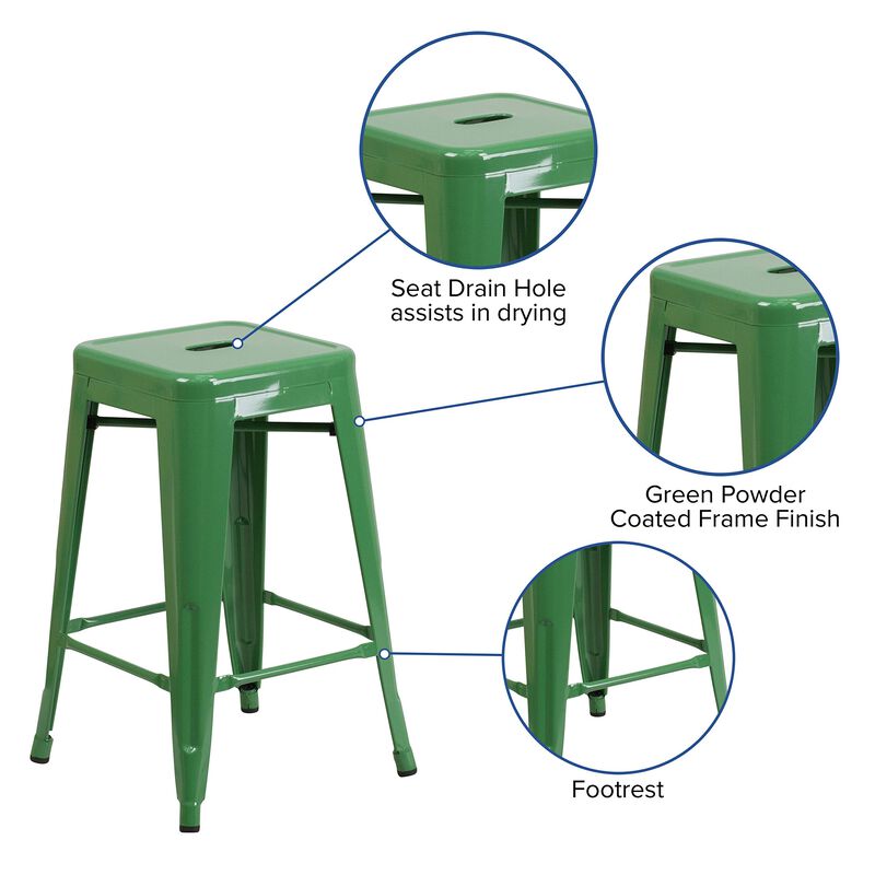 Flash Furniture Kai Commercial Grade 24" High Backless Green Metal Indoor-Outdoor Counter Height Stool with Square Seat
