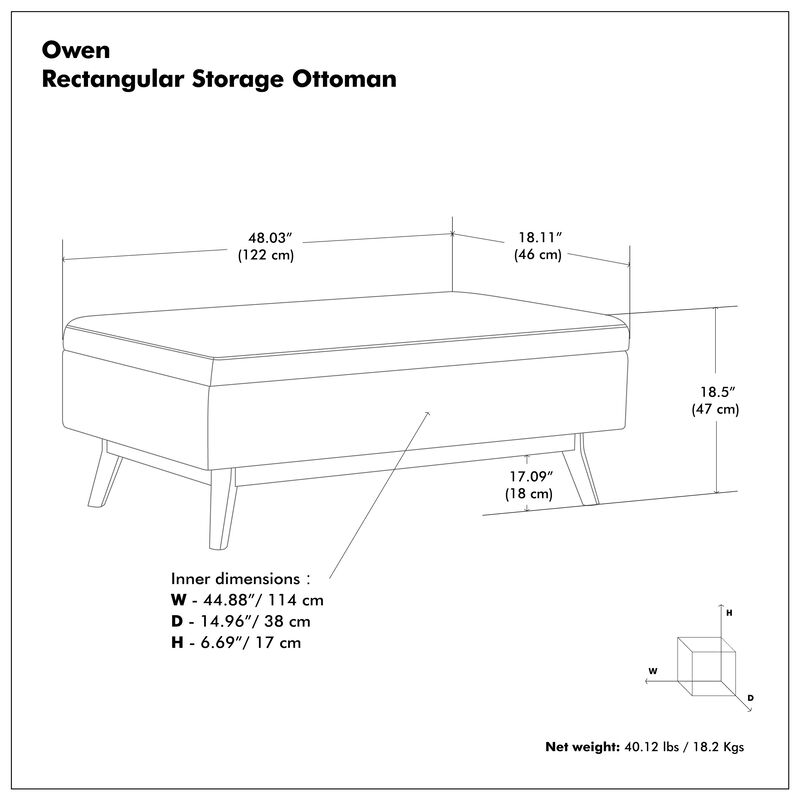 Owen 48 inch Wide Mid Century Modern Rectangle Rectangular Storage Ottoman in Distressed Grey Taupe Vegan Faux Leather, Assembled