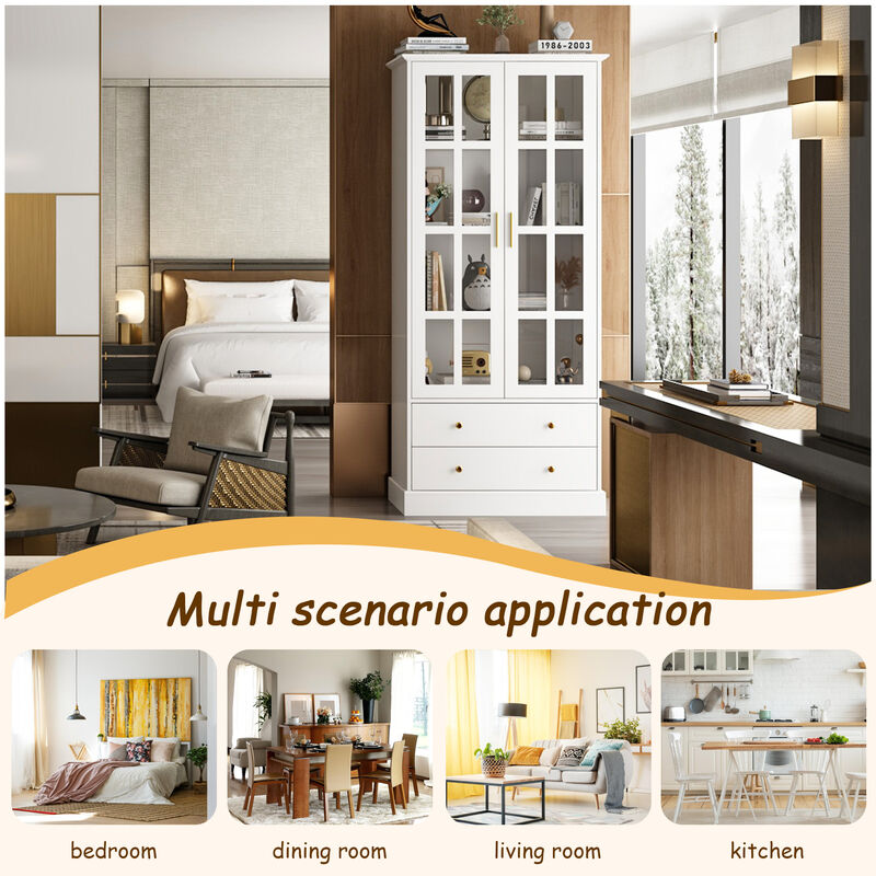 FUFU&GAGA Modern Bookcase with Glass Doors, 3 Fixed Shelves, and Spacious Drawers, Elegant Storage Cabinet for Living Room, Office, and Bedroom (70.1"H x 31.5"W x 15.4"D)