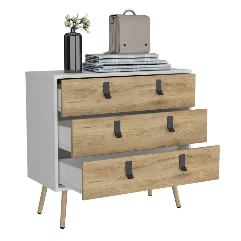 Huna Dresser, Modern 3-Drawer Unit with Handles-White / Macadamia