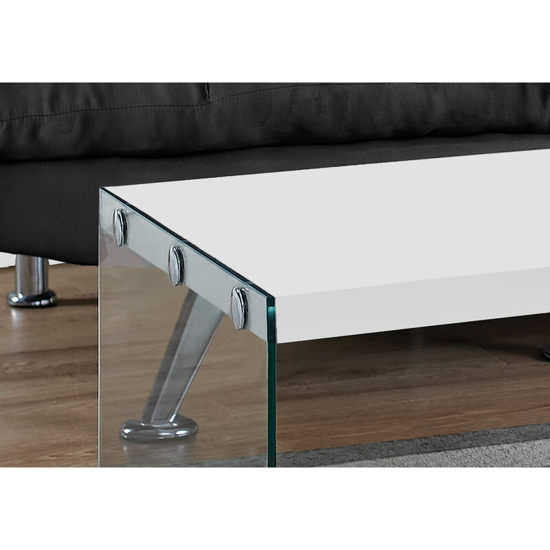 Monarch Specialties I 3286 Coffee Table, Accent, Cocktail, Rectangular, Living Room, 44"L, Tempered Glass, Laminate, Glossy White, Clear, Contemporary, Modern