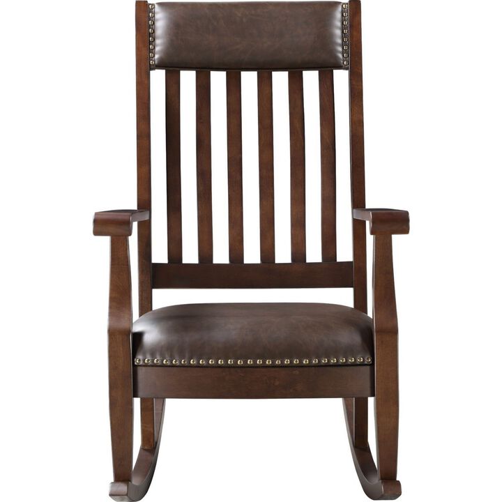 Rocking Chair with Leatherette Seat and Slatted Back, Brown-Benzara