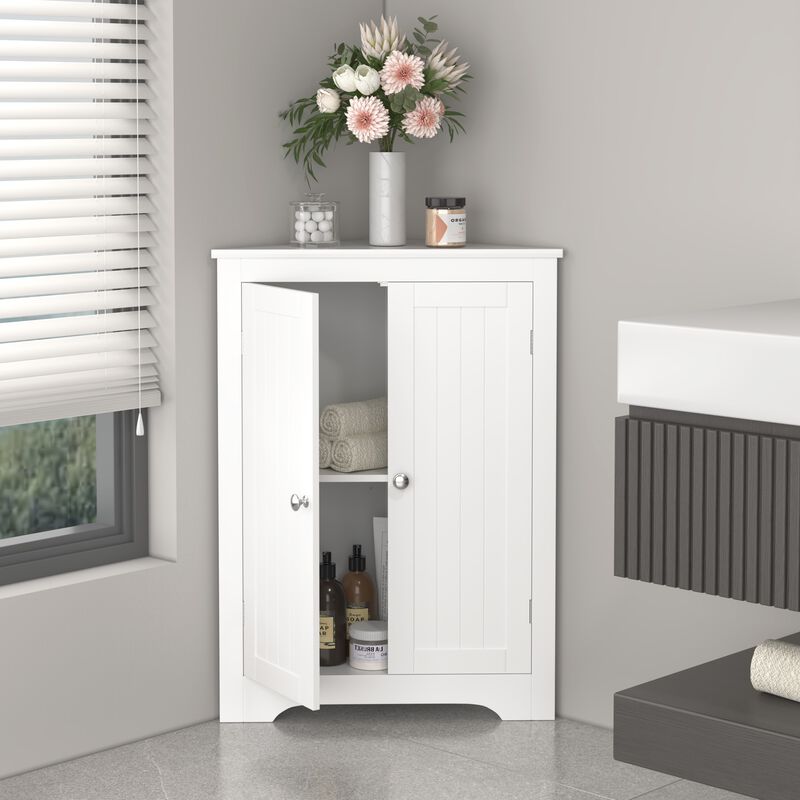 Floor Corner Cabinet with 2 Doors and Adjustable Shelves, Freestanding Narrow Cabinet Organizer, Corner Storage Cabinets for Bathroom