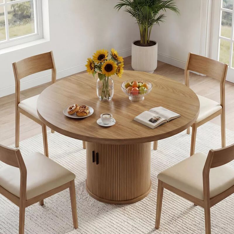 Vipbear 35.43" Round Dining Table for 4, Modern Wooden Kitchen Table with Built-in Storage Shelves image number 7