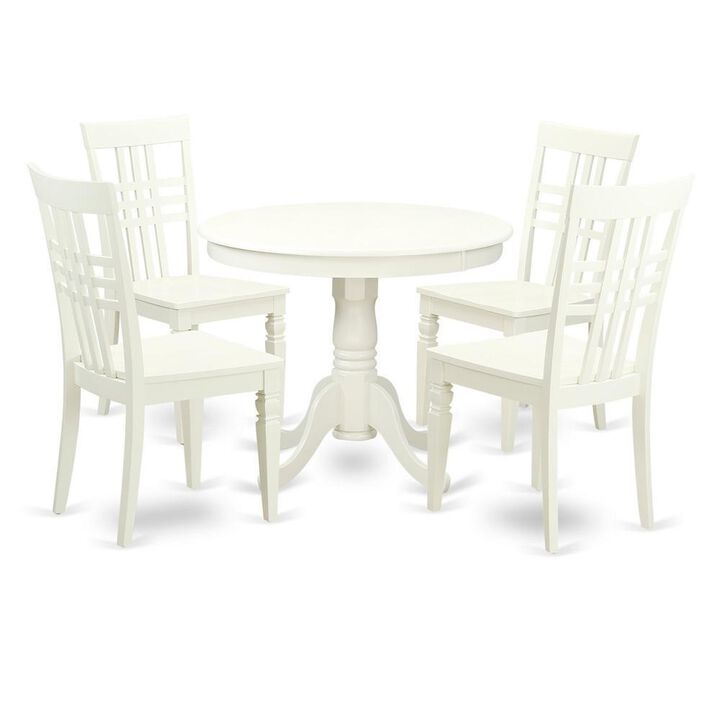 5 Pc set with a Table and 4 Wood Kitchen Chairs with Linen White.