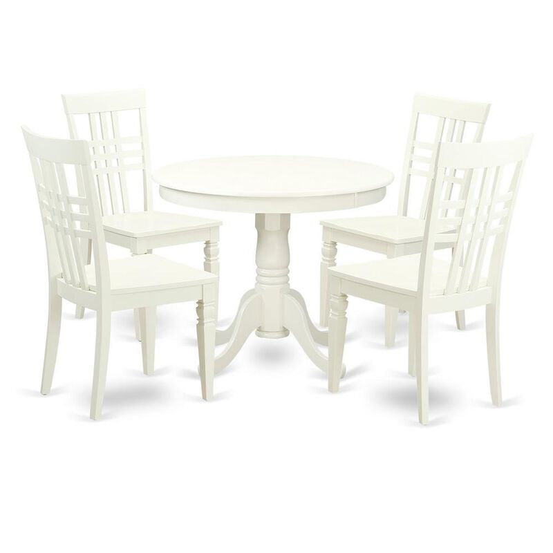 5 Pc set with a Table and 4 Wood Kitchen Chairs with Linen White.
