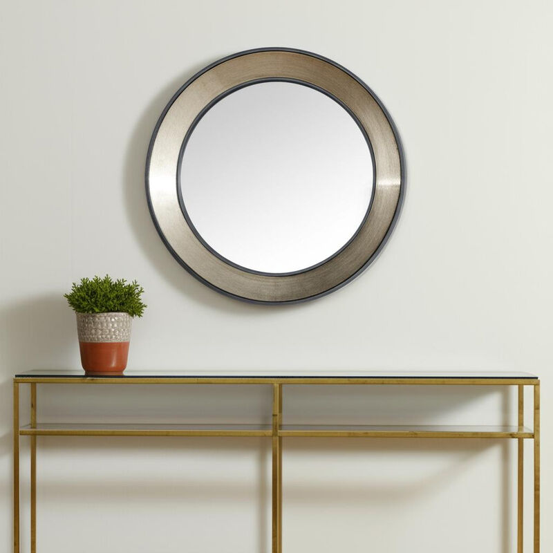 HomeRoots 22" Champagne And Dark Brown Metal And Solid Wood Round Framed Accent Mirror image number 1