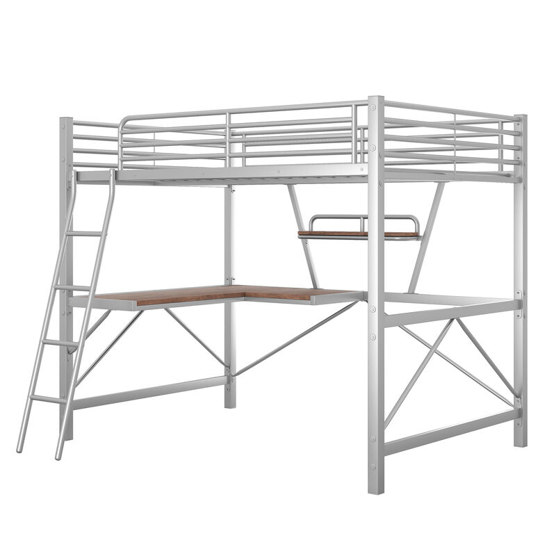 Whisen Modern Full Size Metal Loft Bed with Built-in Desk, Shelf and Ladder - Silver