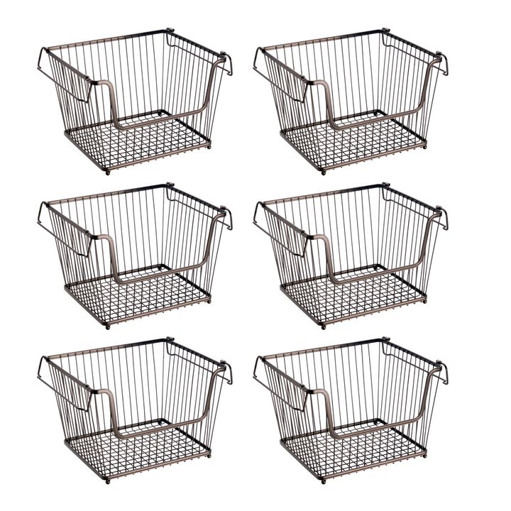 mDesign Large Metal Stackable Kitchen Basket w/ Handles - 6 Pack - Bronze