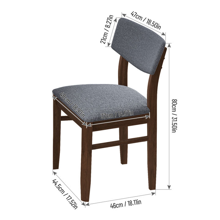 2 PCS Dining Chairs Fabric Cushion Retro Upholstered Chairs Solid Rubber Wood for Kitchen Dining Room Small Space Grey Walnut Color