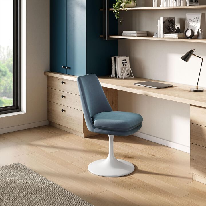Modway Lippa Velvet Swivel Dining Side Chair in White Cadet Blue - Armless Accent Chair with Stain-Resistant Performance Velvet Upholstery - 360&deg; Rotating Office Chair