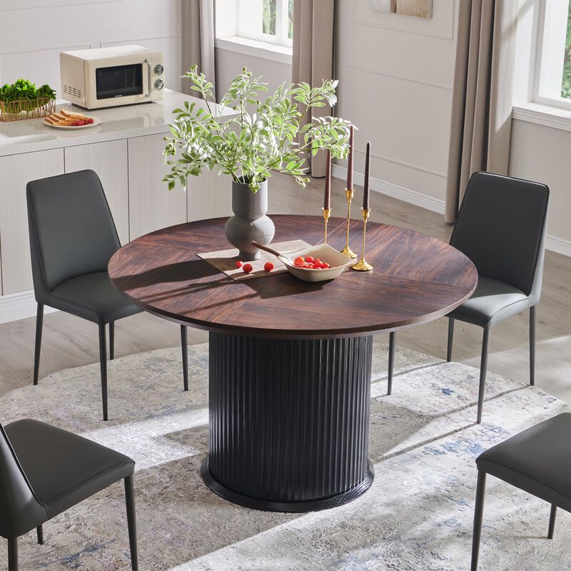 47" Fluted Round Dining Table for 4, MDF Oak Finish, Cylindrical Base image number 4
