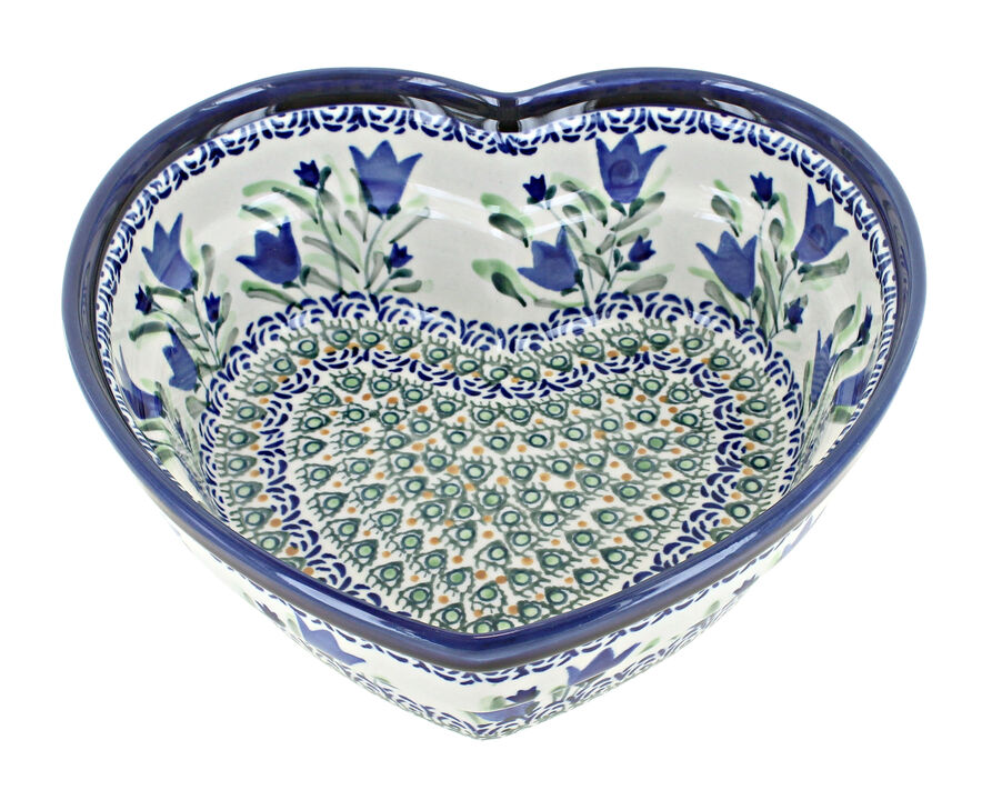Blue Rose Polish Pottery Flowering Peacock Large Heart Bowl
