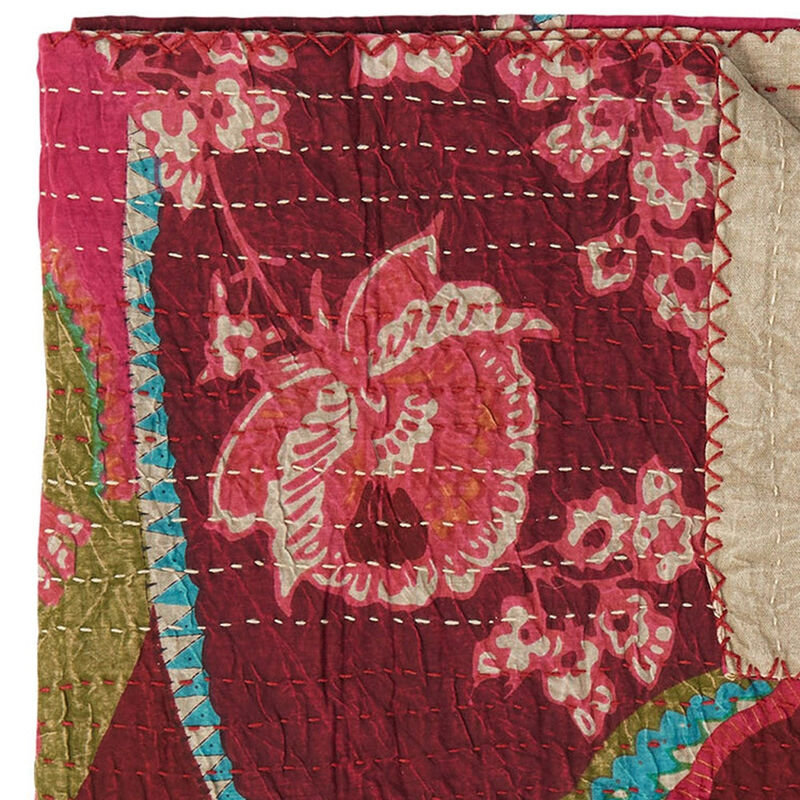 HomeRoots 50" X 70" Red Floral Cotton Quilted Kantha Throw Blanket with Embroidery image number 2