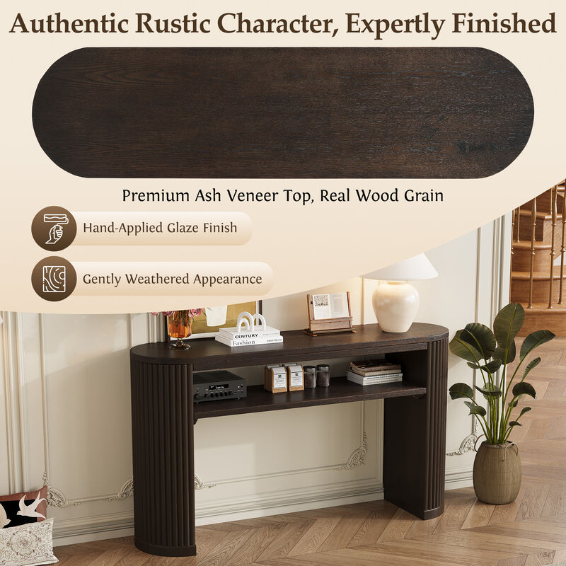 Merax Farmhouse Oval Ash Veneer Console Table with Fluted Legs & Open Lower Storage Shelf image number 2