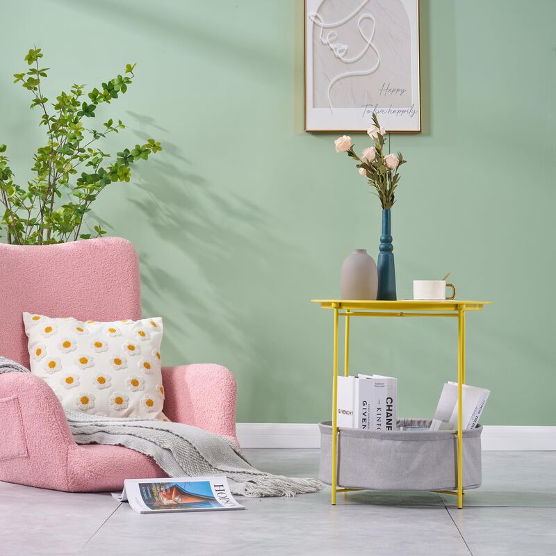 VECELO Round Side/End Table with Fabric Storage Basket