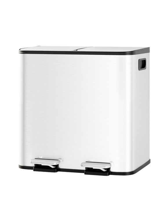 Stainless Steel Dual Compartment Trash Can. 2x15L Removable Buckets, Soft-Close Lid, Touchless pedal