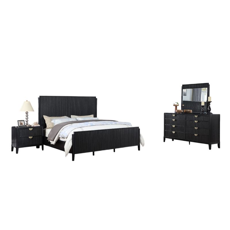 Jack 4pc Queen Bedroom Set, Fluted Black Wood, Dresser and Mirror image number 0