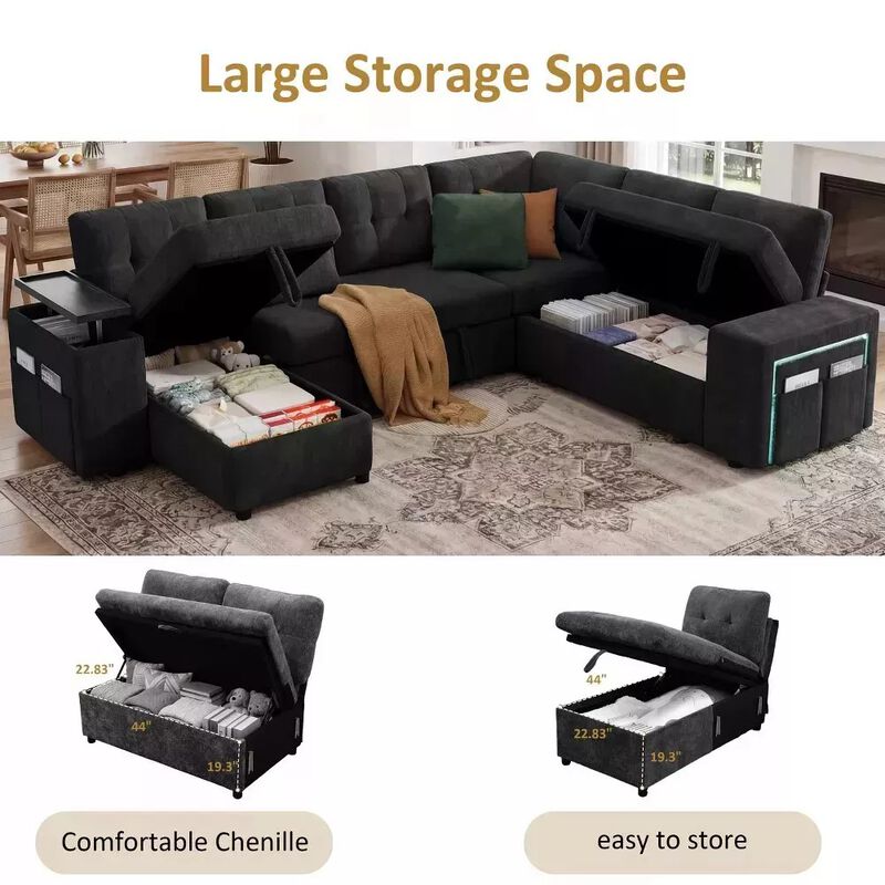 Vipbear 112" U-Shaped 7-Seat Modular Chenille Sectional Sleeper Sofa, Pull Out Bed Reclining Couch image number 2