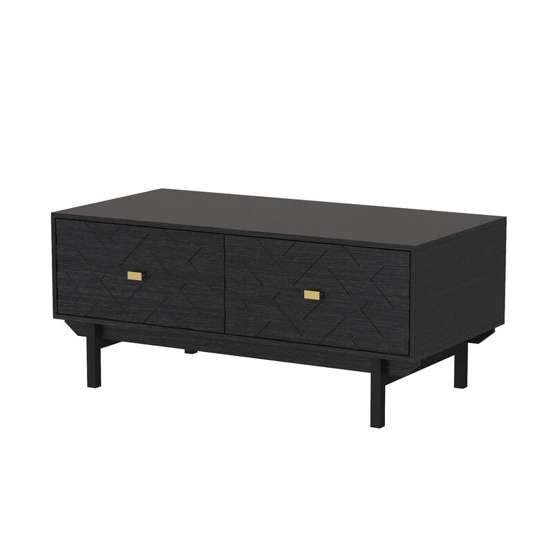 FUFU&GAGA Black Modern Coffee Table with 4-Drawer Storage, Wood Grain Top, 3D Textured Drawers, Gold Tapered Pulls (47.2" W x 23.6" D x 20.5" H)