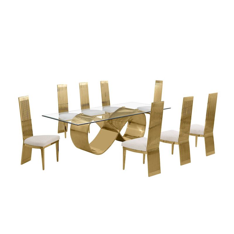Best Quality Furniture 9Pc Tempered Glass Dining Set With 8 Cream Boucle Fabric Side Chairs
