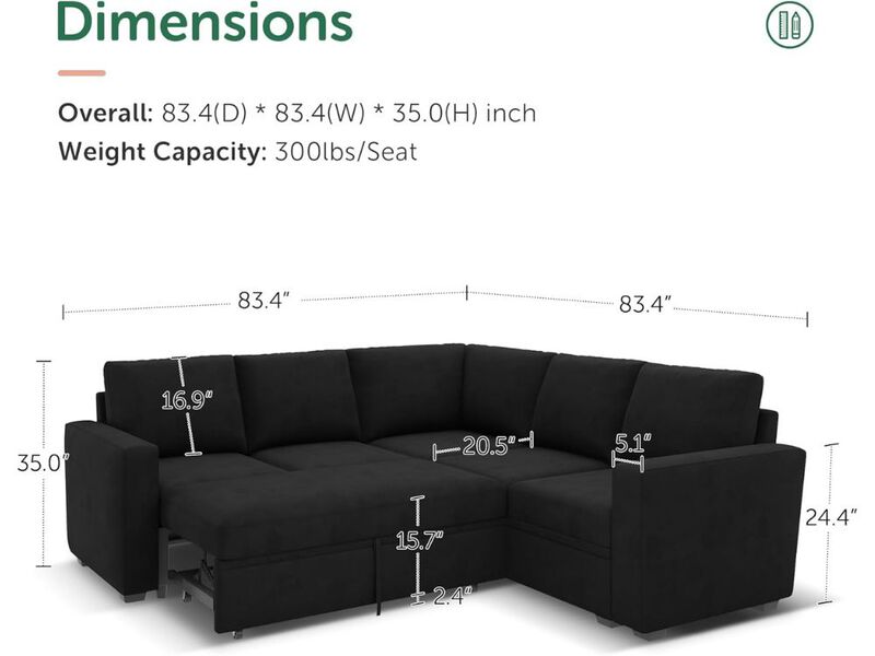 Sectional Sleeper Sofa Pull Out Bed Velvet L Shaped Couch Storage Seat Black image number 2