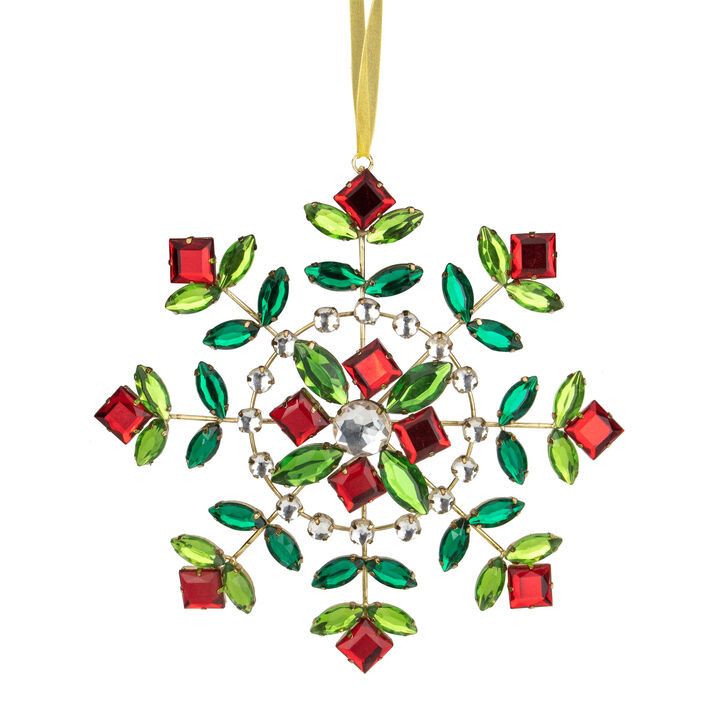 6.5" Green and Red Gem Stone Flowers Snowflake Christmas Ornament